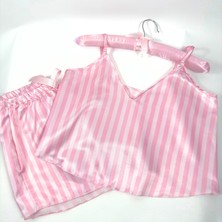 Fancy Lab Pembe Çizgili Saten Şortlu Pijama Takımı