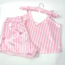Fancy Lab Pembe Çizgili Saten Şortlu Pijama Takımı