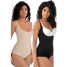 Uniquetrenders Kadın Lazer Kesim Iz Yapmaz Göğüs Destekli Askılı Toparlayıcı Body Slip Korse 2'li Set