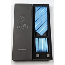 1001 Kravat Mendilli Klasik Çizgi Desenli Kravat ve Metal Kol Düğmeli Erkek Hediye Seti