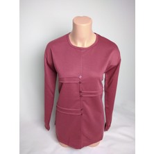 Kadın Gülkurusu Bisiklet Yaka Düğmeli Yırtmaçlı Uzun Kollu Bilek Lastikli Iki Iplik Bluz Tişört