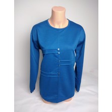 Kadın Indigo Bisiklet Yaka Düğmeli Yırtmaçlı Uzun Kollu Bilek Lastikli Iki Iplik Bluz Tişört