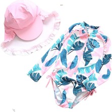 Petityu UPF50+ Kız Çocuk Mayo Beyaz Pembe Yeşil Yaprak Desen Kolay Giyilen Cool Mayo Şapka Set