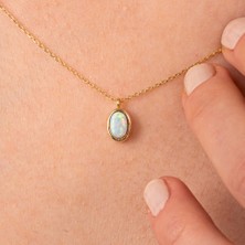 Fasek Gold Gümüş Kolye -  Opal Oval Taşlı 925 Ayar Gümüş Kolye