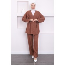 Kahverengi Çapraz Bağlamalı Keten Kimono Pantolon Takım
