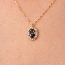 Fasek Gold Gümüş Kolye -  Oval Mistik Topaz Taşlı Vintage Tasarım 925 Ayar Gümüş Kolye