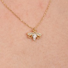 Fasek Gold Gümüş Kolye -  Oval Zirkon Taşlı Arı 925 Ayar Gümüş Kolye
