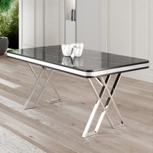 Canisa Vals Serisi 80X130 Lak Panel Krom Detay Siyah Mermer Desen Masa Takımı ve 4 Sandalye