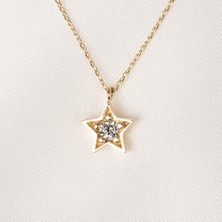 Fasek Gold Altın Kolye - Altın Kolye - Zirkon Taşlı Yıldız Desenli 14 Ayar Altın Kolye
