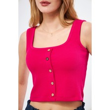 Tiffany & Tomato Çizgi Detaylı Askılı Kaşkorse Crop-Fuşya