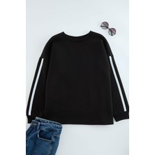 FRM Kadın Büyük Beden Oversize Bisiklet Yaka Düşük Kol Uzun Şerit Geniş Kalıp Ince Örme Sweatshirt