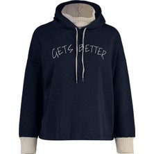 FRM Kadın Moda Şık Relaxed Kapüşonlu Düşük Kol Uzun Kalın Içi Polarlı Triko Bant Detaylı Örme Sweatshirt