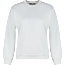 Kadın Regular Bisiklet Yaka Düşük Kol Regular Kalın Içi Polarlı Normal Kalıp Basic Örme Sweatshirt