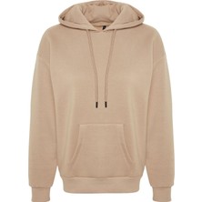 Kadın Moda Şık Oversize Kapüşonlu Düşük Kol Uzun Kalın Içi Polarlı Geniş Kalıp Basic Örme Sweatshirt