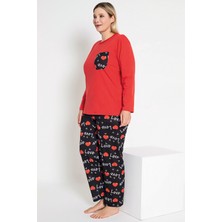Kadın Kırmızı Renkli Love ve Kalp Baskılı Uzun Kollu Pijama Takımı B-43