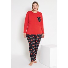 Kadın Kırmızı Renkli Love ve Kalp Baskılı Uzun Kollu Pijama Takımı B-43