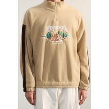 FRM Unisex Oversize Dik Yaka Standart Kol Standart Geniş Kesim Fermuar Şehir Nakışlı Polar Sweatshirt