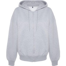 FRM Kadın Oversize Kapüşonlu Düşük Kol Uzun Rahat Kesim Basic Fermuarlı Kalın Polarlı Örme Sweatshirt