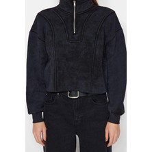 FRM Kadın Crop Fermuarlı Yaka Düşük Kol Crop Eskitme Kalın Içi Polarlı Rahat Kesim Crop Örme Sweatshirt