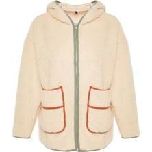 FRM Kadın Relaxed Kapüşonlu Standart Kol Uzun Kalın Polar Kontrast Biyeli Rahat Kalıp Örme Sweatshirt