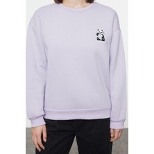 FRM Kadın Bisiklet Yaka Standart Kol Animal Nakışlı Normal Kalıp Kalın Içi Polarlı Örme Sweatshirt
