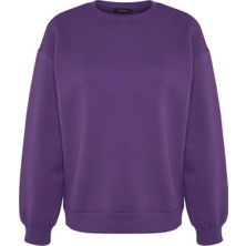 FRM Kadın Moda Oversize Bisiklet Yaka Düşük Kol Uzun Rahat Kesim Basic Kalın Içi Polarlı Örme Sweatshirt