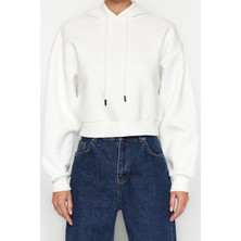 FRM Kadın Moda Relaxed Kapüşonlu Düşük Kol Crop Kalın Içi Polarlı Rahat Kesim Crop Basic Örme Sweatshirt