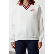 FRM Kadın Moda Şık Bol Polo Yaka Düşük Kol Uzun Nakışlı Gneiş Kalıp Kalın Içi Polarlı Örme Sweatshirt
