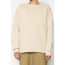 FRM Kadın Moda Oversize Bisiklet Yaka Düşük Kol Uzun Rahat Kesim Basic Kalın Içi Polarlı Örme Sweatshirt
