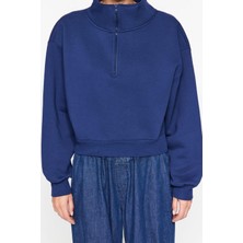 FRM Kadın Fitted Fermuarlı Yaka Crop Rahat Kesim Crop Basic Fermuarlı Kalın Polarlı Örme Sweatshirt