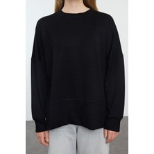 FRM Kadın Moda Şık Bol Bisiklet Yaka Düşük Kol Uzun Geniş Kesim Yırtmaçlı Yumuşak Tuşeli Örme Sweatshirt