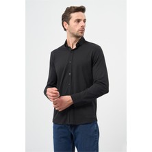 İmza Siyah Uzun Kol Düz Örme Smart Düğmeli Yaka Classic Slim Fit Gömlek 1004245160