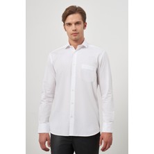 Beyaz Uzun Kol Kareli Desen İtalyan Yaka Cepli Pamuklu Classic Comfort Fit Gömlek 1004245173