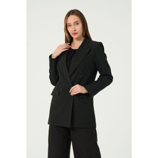 Bolivente Siyah Regular Astarlı Kruvaze Kapama Dokuma Oversize Blazer Ceket