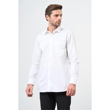 İmza Beyaz Uzun Kollu Sert Yaka Cepli %100 Pamuk Klasik Comfort Fit Rahat Kesim Gömlek 1004240323
