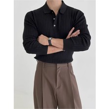 Tarz Cool Erkek Siyah Polo Yaka Düğmeli Triko Kazak Günlük Stil ile Modern Görünüm