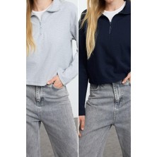 Fermuarlı Yaka Düşük Kol 2li Paket Selanik Normal Kalıp Fermuarlı Yaka Örme Sweatshirt