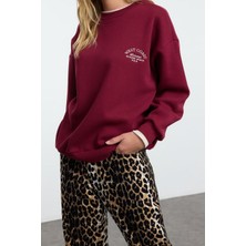 Ersefa Tarz Bol Bisiklet Yaka Düşük Kol Uzun Slogan Nakışlı Kalıp Kalın Içi Polarlı Örme Sweatshirt