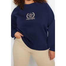 Ersefa Büyük Beden Oversize Bisiklet Yaka Reglan Kol Kalın Içi Polarlı Nakış Detaylı Örme Sweatshirt