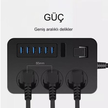 Qasul 3000W Güç Şeridi Dalgalanma Koruyucusu 3 Ac Çıkışları ve 6 USB Şarj Portu Akım Korumalı Grup Priz