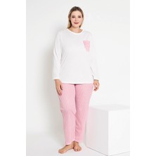 Kadın Ekru Renkli Çizgili Uzun Kollu Pijama Takımı B-44