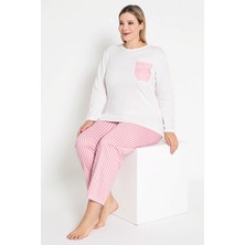 Kadın Ekru Renkli Çizgili Uzun Kollu Pijama Takımı B-44