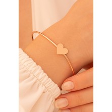 Osmanlı Gümüş Kadın Gümüş Bileklik - El Yapımı Rose Kaplama Gümüş Kalp Motifli Kadın Bileklik Kelepçe