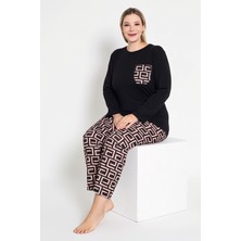 Kadın Uzun Kollu Siyah Renkli Labirent Desenli Pijama Takımı B-42