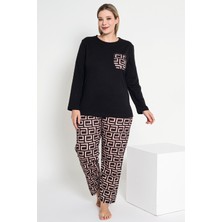Kadın Uzun Kollu Siyah Renkli Labirent Desenli Pijama Takımı B-42