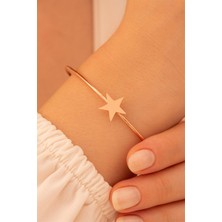 Osmanlı Gümüş Kadın Gümüş Bileklik - El Yapımı Rose Kaplama Gümüş Yıldız Motifli Kadın Bileklik