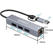 Type C - usb A to 3 port usb 3.0 hub + RJ4 ethernet port HC-78