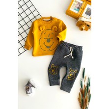 Derin Bebe Neşeli Bebekler Winnie The Pooh Nakışlı Şardonlu Üç Ip Polar Takım Hardal