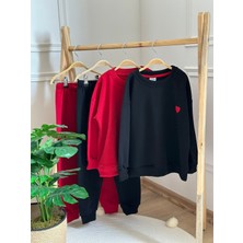 Eflin Butik Kırmızı Üzeri Beyaz Kalp Işlemeli Eşofman Takımı