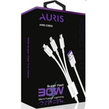 Auris 30W USB Lighting - Micro - Type-C 3in1 Süper Hızlı Şarj ve Data Kablosu